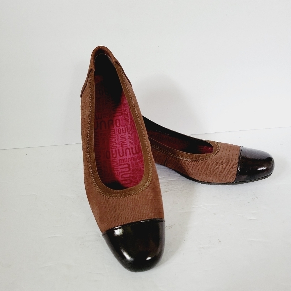NEW Munro Henlee Flats Brown Fabric Patent Leather Cap Toe Shoes Size 7 N
